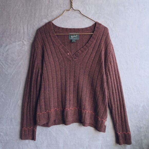 WOOLRICH Marled Chocolate Brown Sweater Size L Boxy Wool Blend Embroidered Rib - Picture 4 of 11